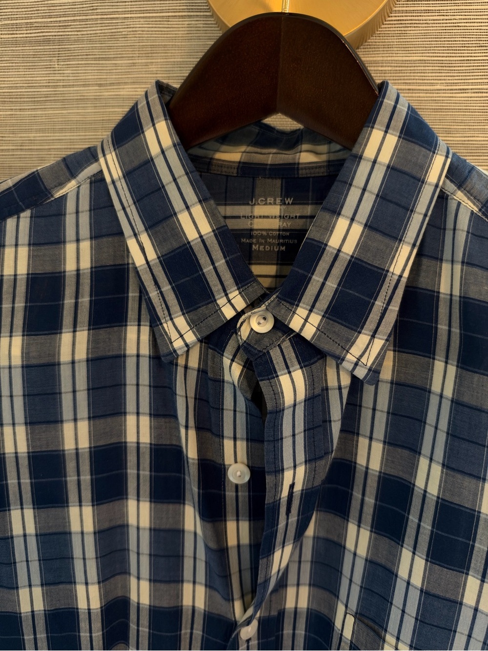 J. Crew Men's Blue and White Plaid Cotton Button-Down Shirt